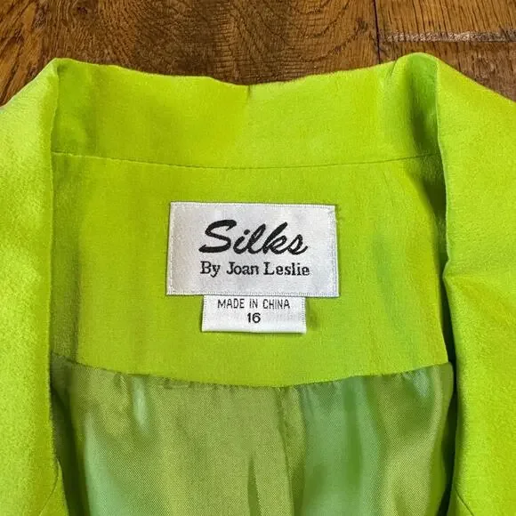 VTG Silks By Joan Leslie Blazer & Blouse Neon Green 100% Silk Womens Sz 16 - Picture 9 of 15